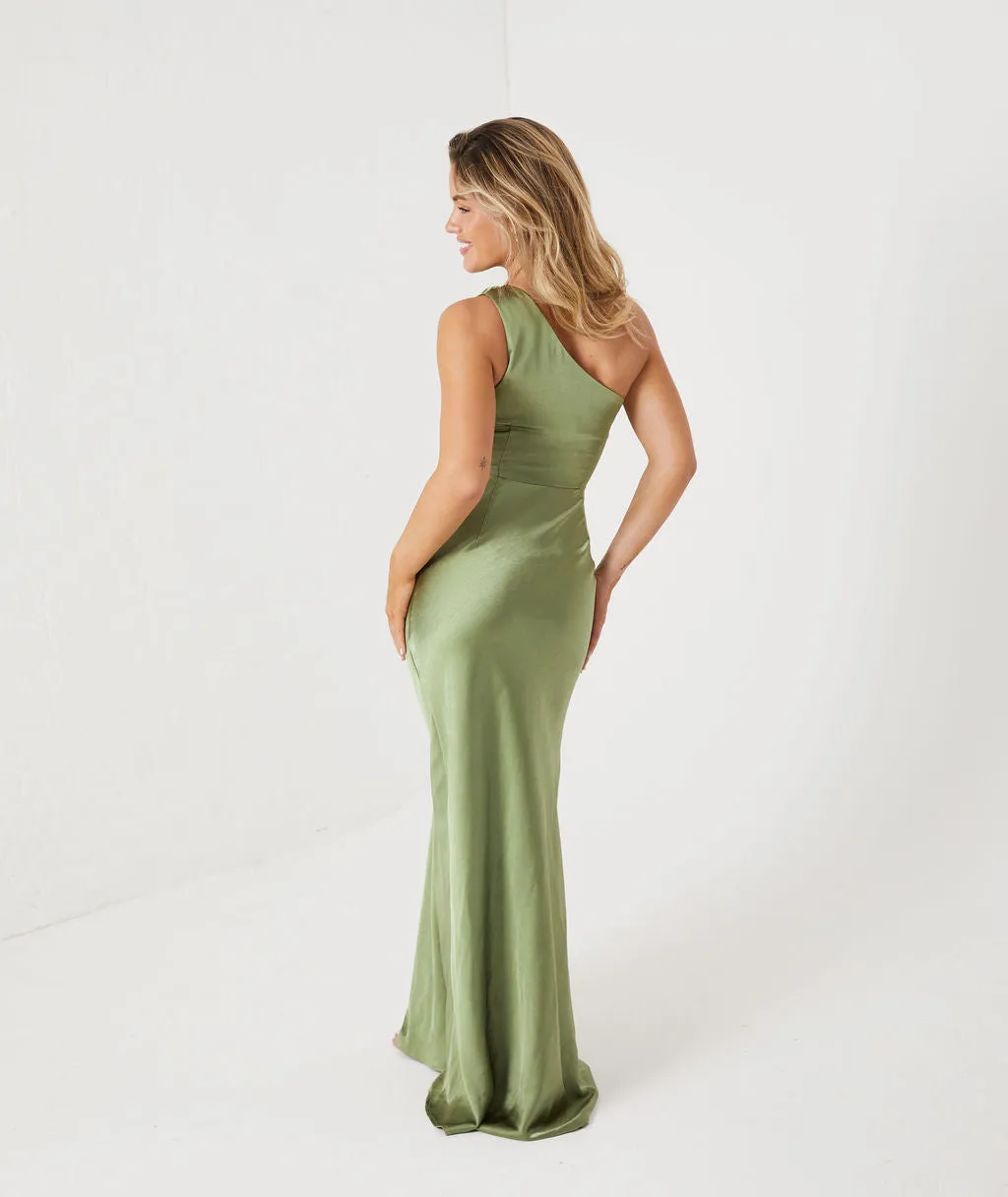 One Shoulder Satin Ruched Bridesmaid Dress - Moss Green