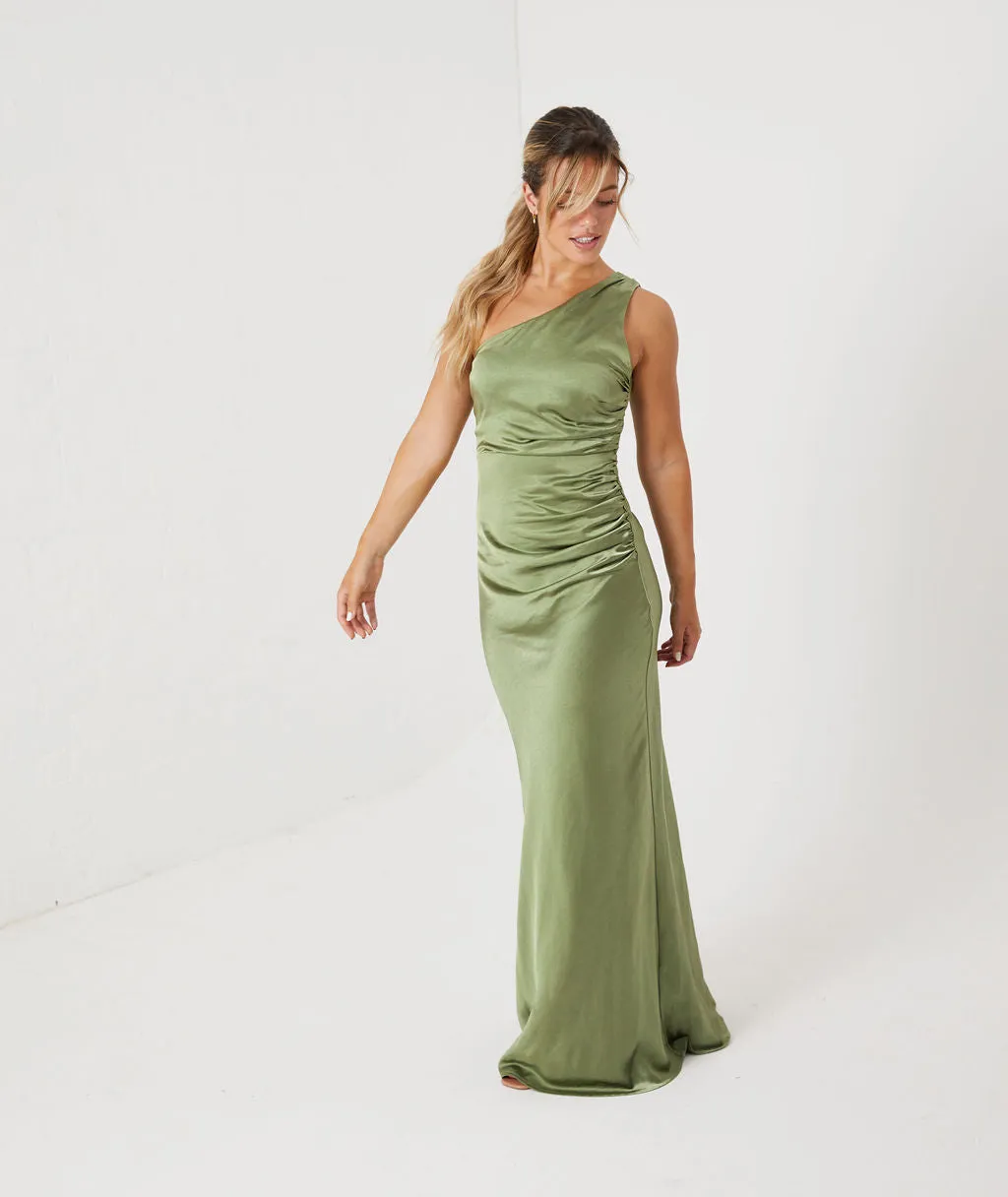 One Shoulder Satin Ruched Bridesmaid Dress - Moss Green