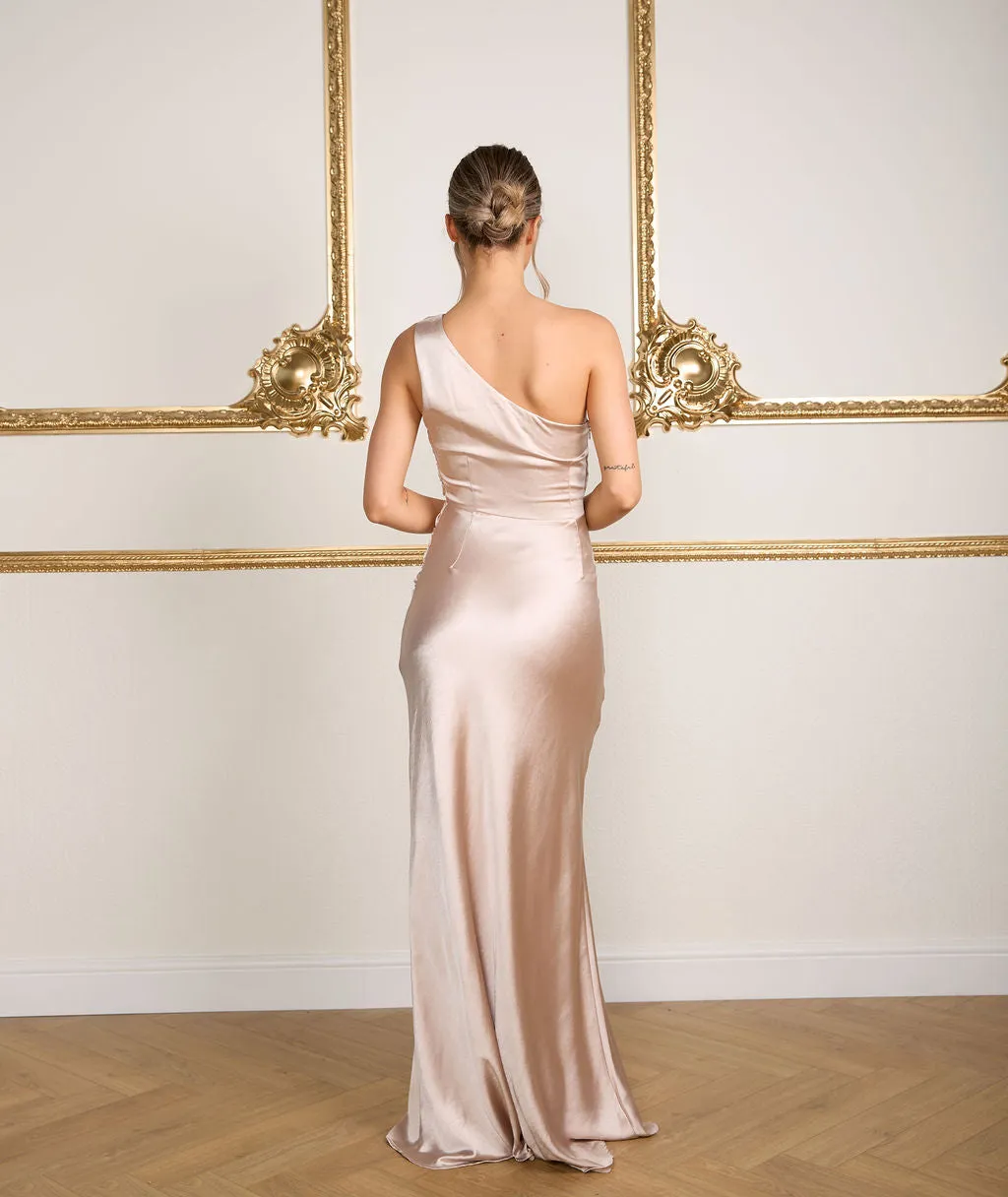 One Shoulder Satin Ruched Bridesmaid Dress - Oyster
