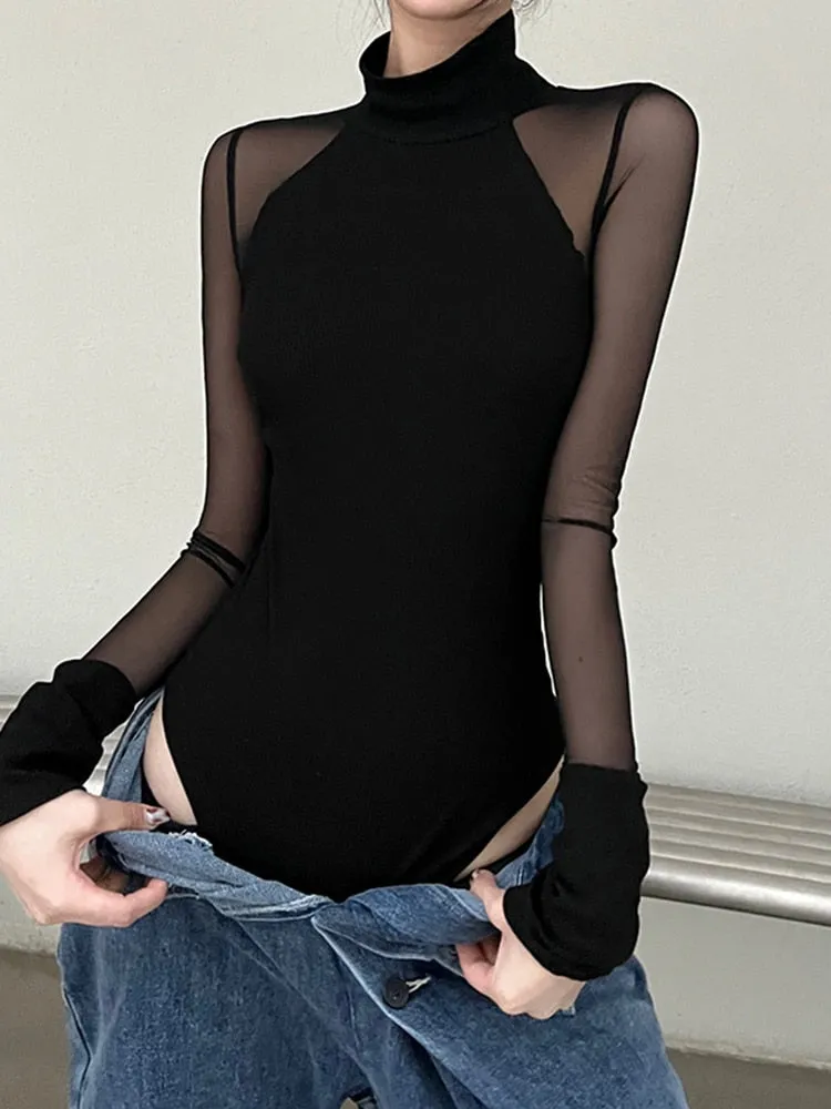 'Perception' Black Alt Gothic Mesh Transparent Bodysuit
