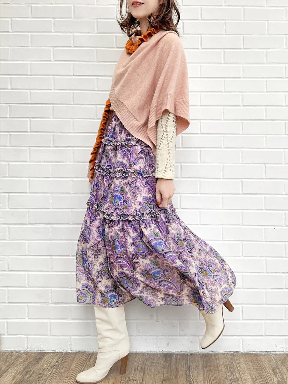 Pink/ Orange Asymmetric Ruffles Luxuries Wool Ruana - Scarf