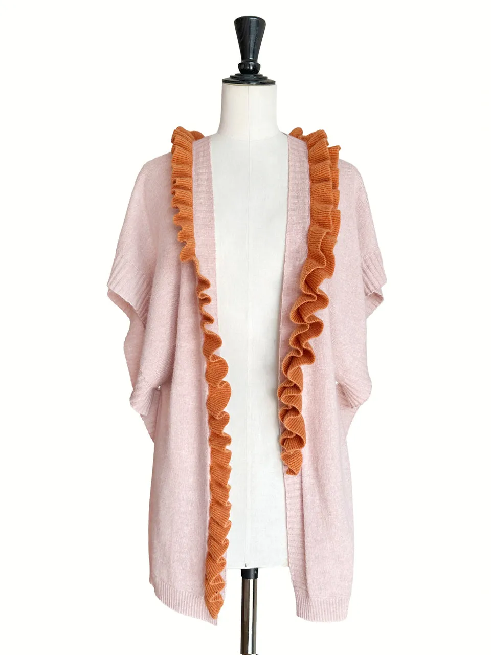 Pink/ Orange Asymmetric Ruffles Luxuries Wool Ruana - Scarf