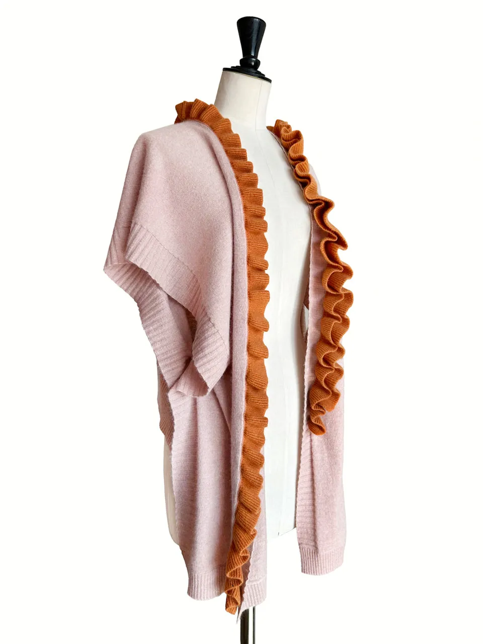 Pink/ Orange Asymmetric Ruffles Luxuries Wool Ruana - Scarf