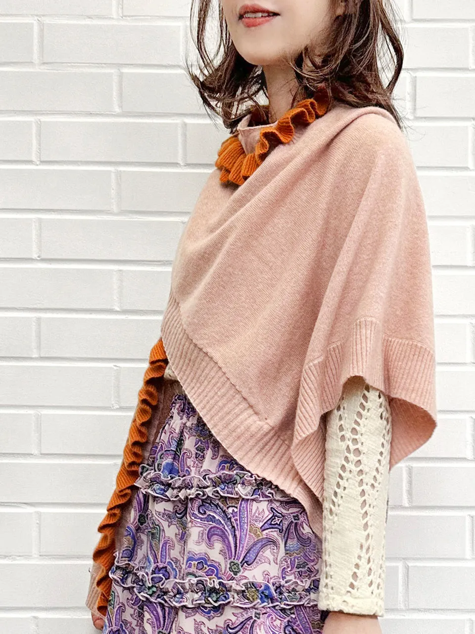 Pink/ Orange Asymmetric Ruffles Luxuries Wool Ruana - Scarf