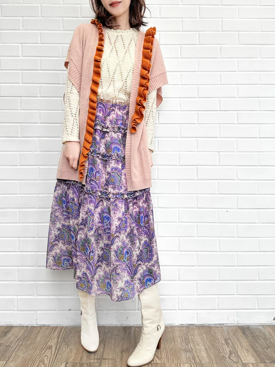 Pink/ Orange Asymmetric Ruffles Luxuries Wool Ruana - Scarf