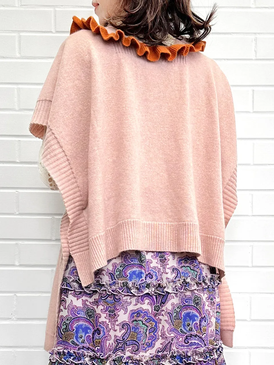 Pink/ Orange Asymmetric Ruffles Luxuries Wool Ruana - Scarf