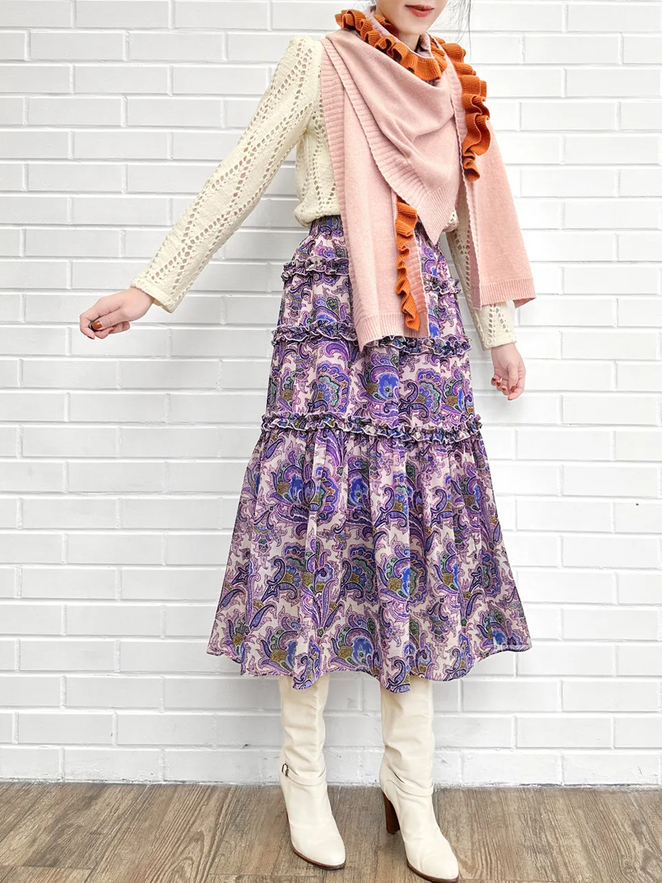 Pink/ Orange Asymmetric Ruffles Luxuries Wool Ruana - Scarf