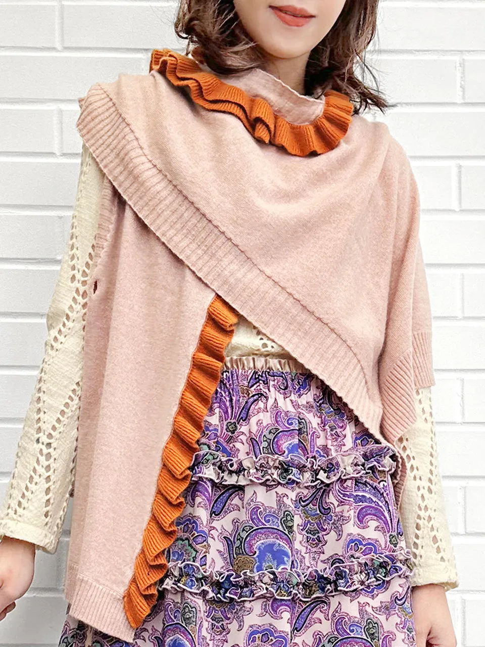 Pink/ Orange Asymmetric Ruffles Luxuries Wool Ruana - Scarf