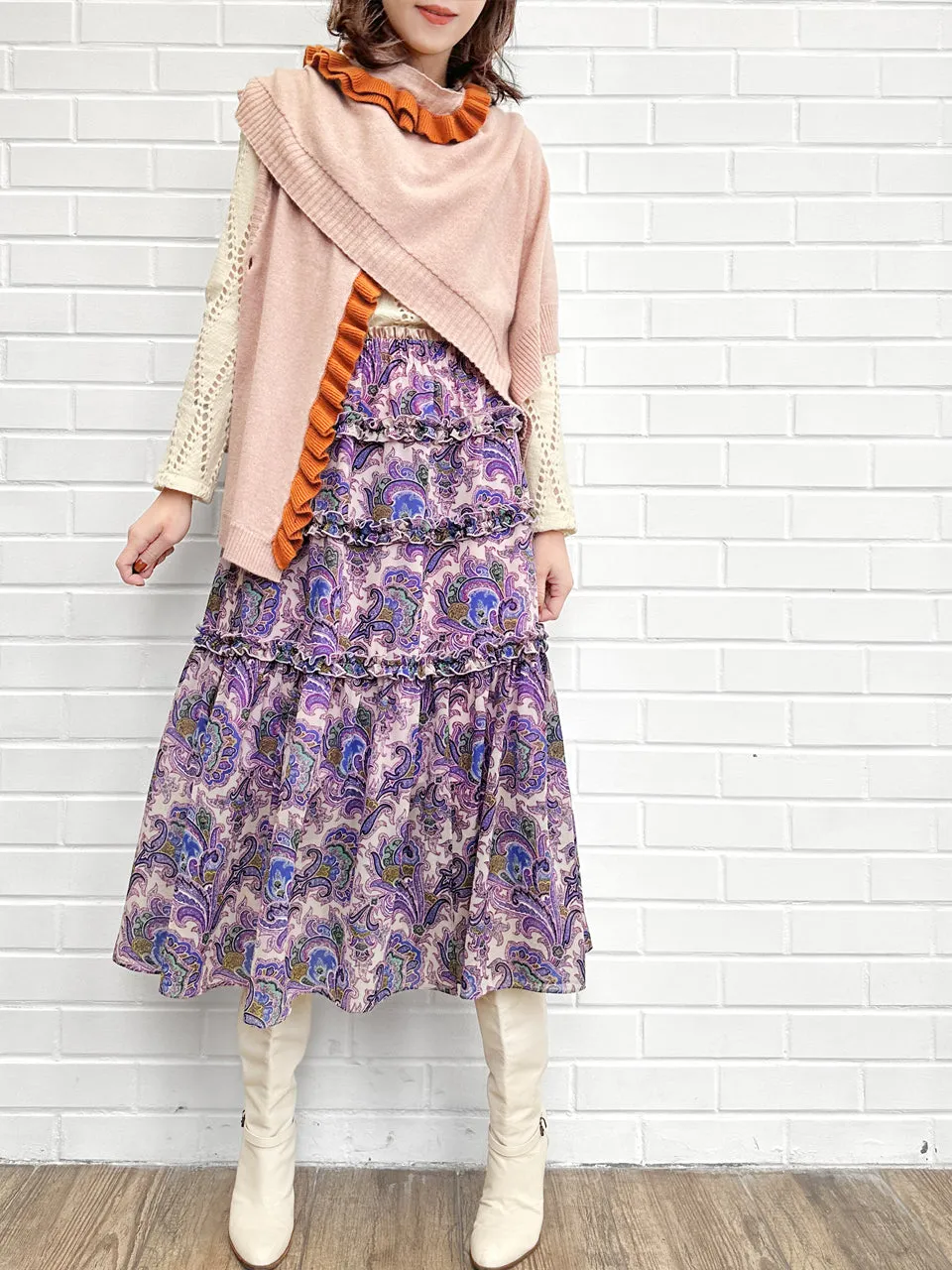 Pink/ Orange Asymmetric Ruffles Luxuries Wool Ruana - Scarf