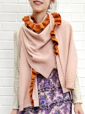Pink/ Orange Asymmetric Ruffles Luxuries Wool Ruana - Scarf