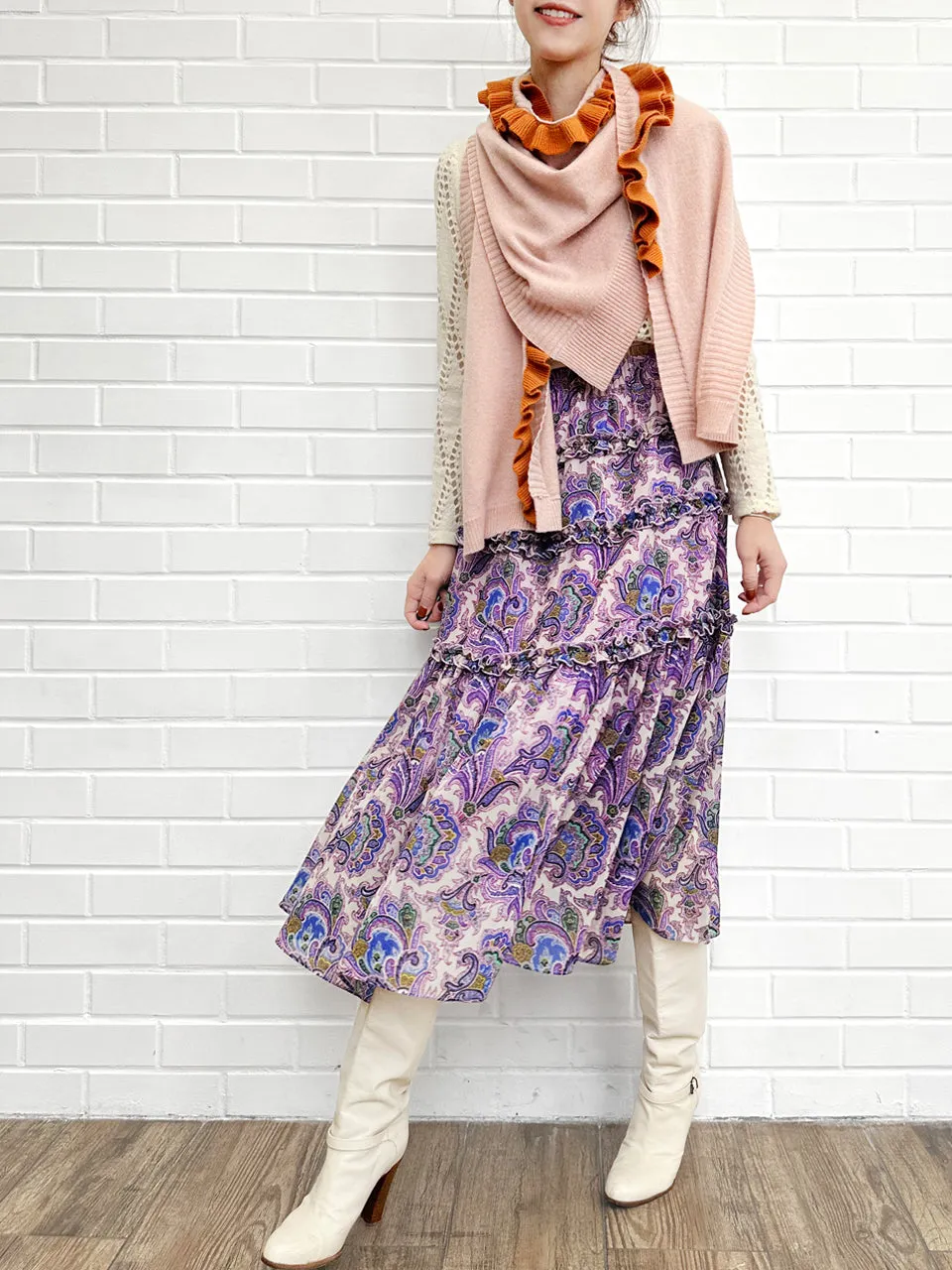 Pink/ Orange Asymmetric Ruffles Luxuries Wool Ruana - Scarf