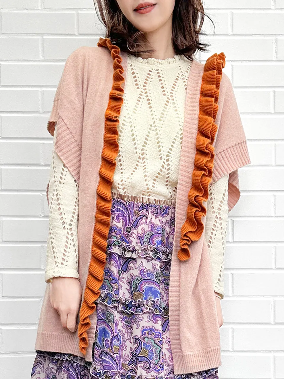 Pink/ Orange Asymmetric Ruffles Luxuries Wool Ruana - Scarf
