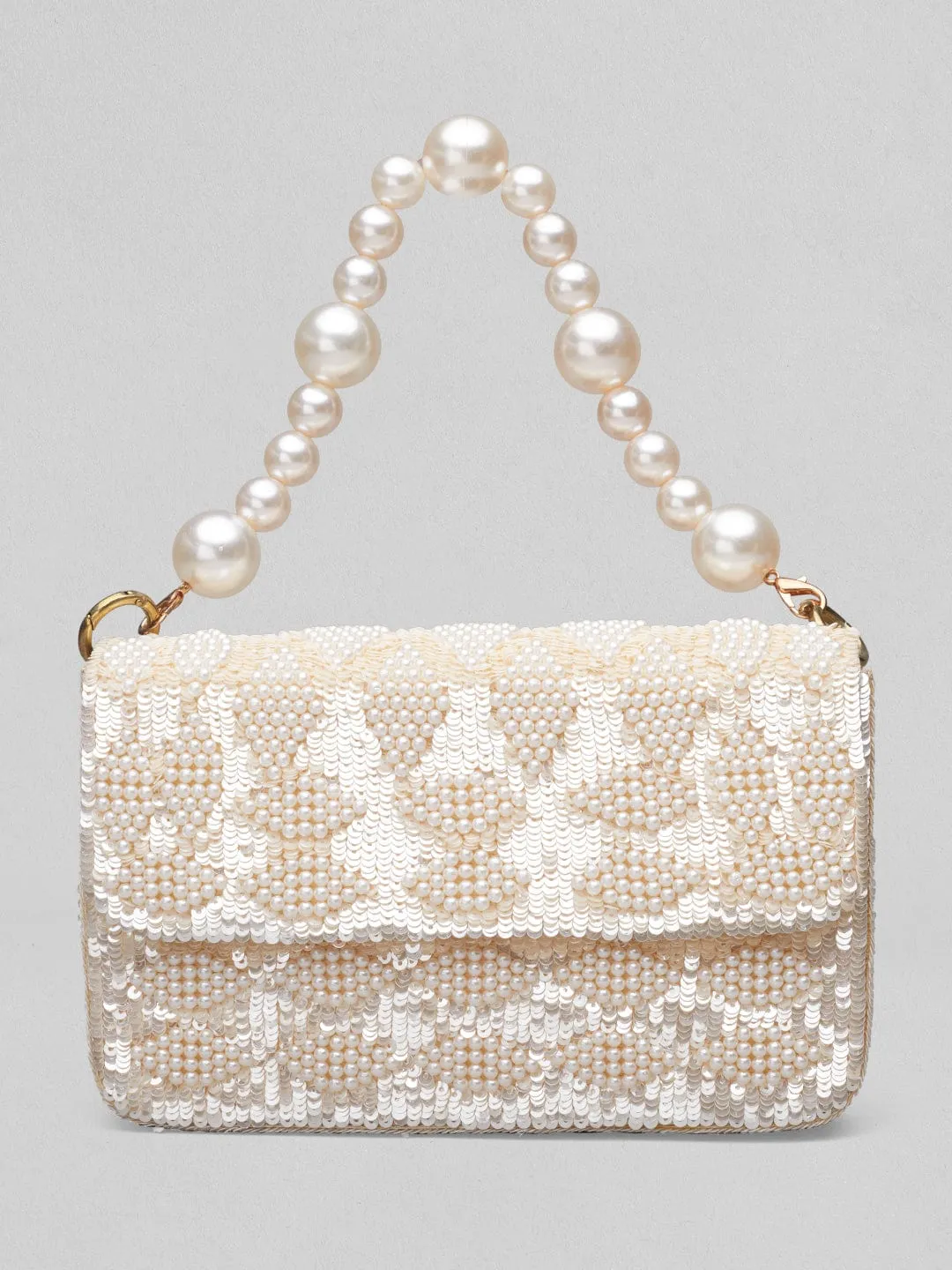 Rubans Cream Colour Handbag With Embroided Design And Pearls