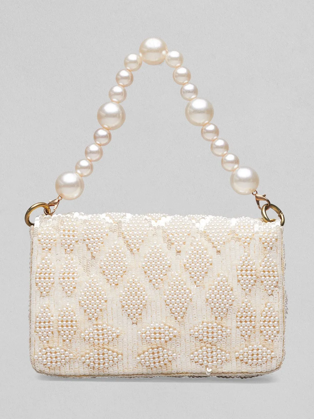 Rubans Cream Colour Handbag With Embroided Design And Pearls