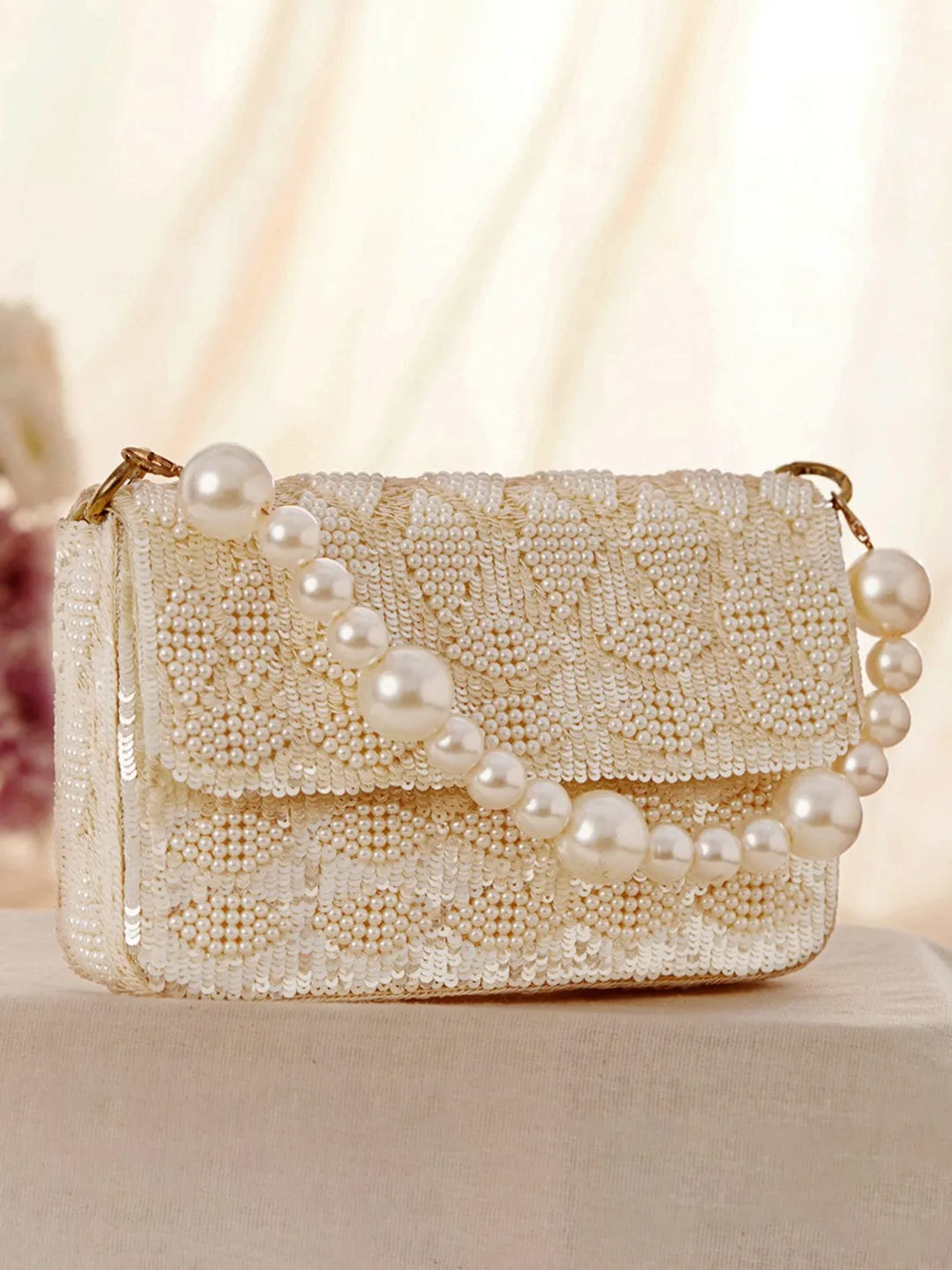 Rubans Cream Colour Handbag With Embroided Design And Pearls