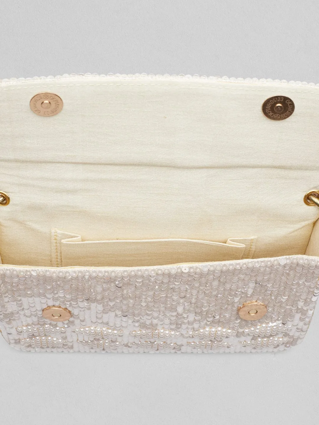 Rubans Cream Colour Handbag With Embroided Design And Pearls