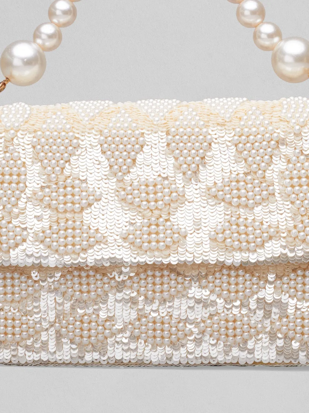 Rubans Cream Colour Handbag With Embroided Design And Pearls