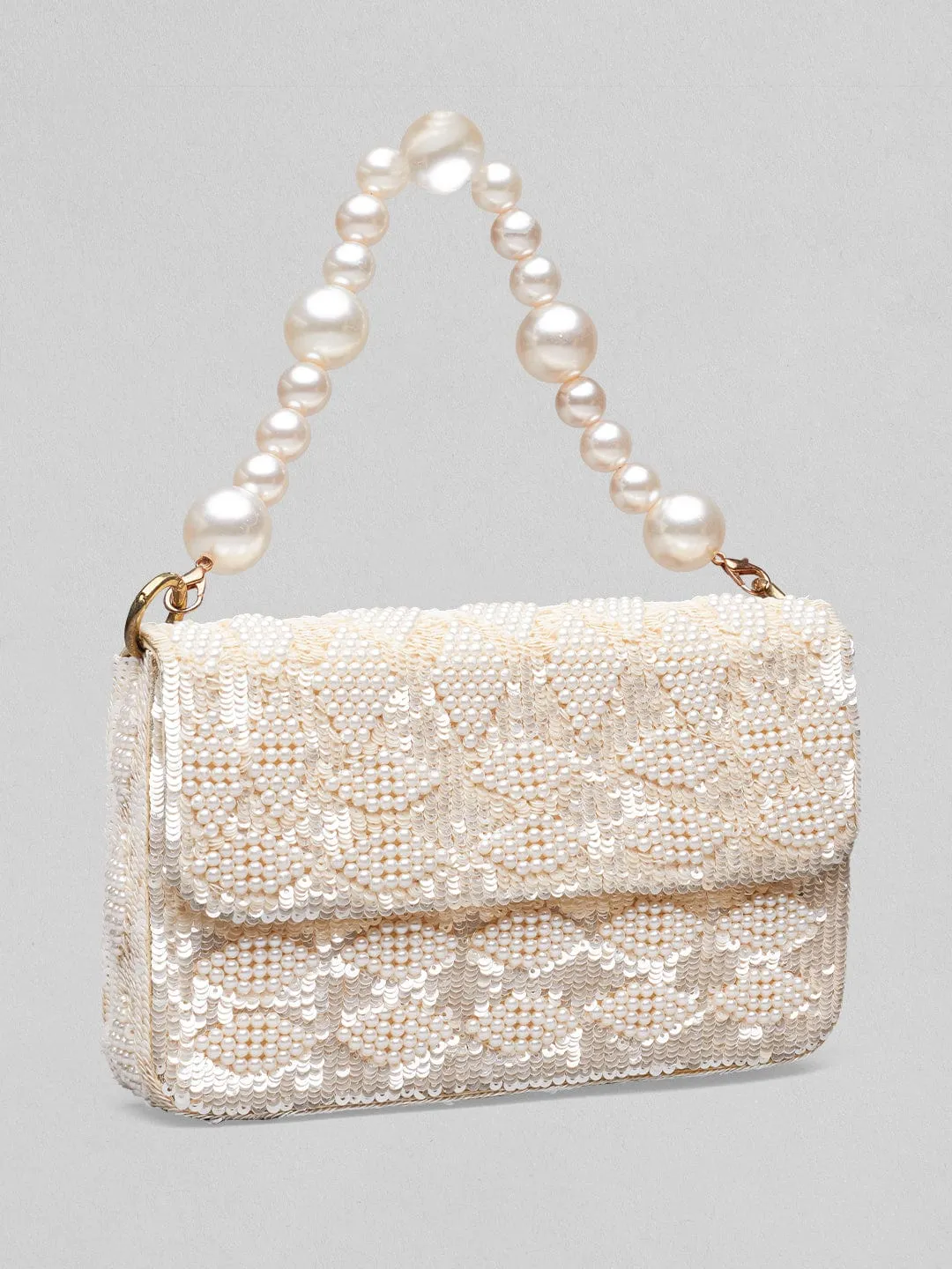 Rubans Cream Colour Handbag With Embroided Design And Pearls
