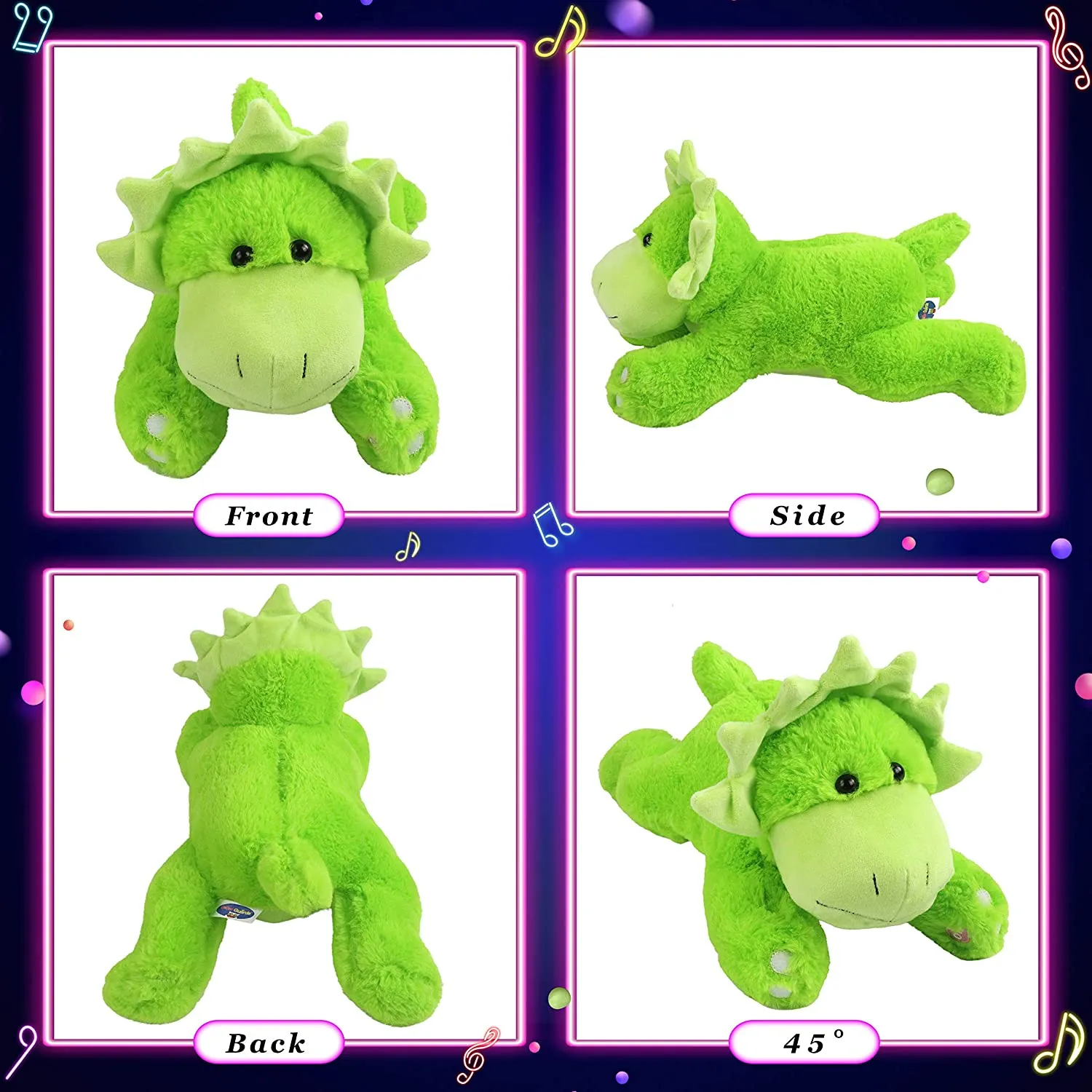 Triceratops dinosaur plush toy with LED lights, 15", green