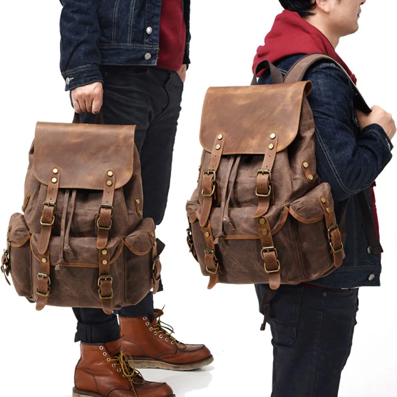 Waxed Canvas Leather Rucksack Bag