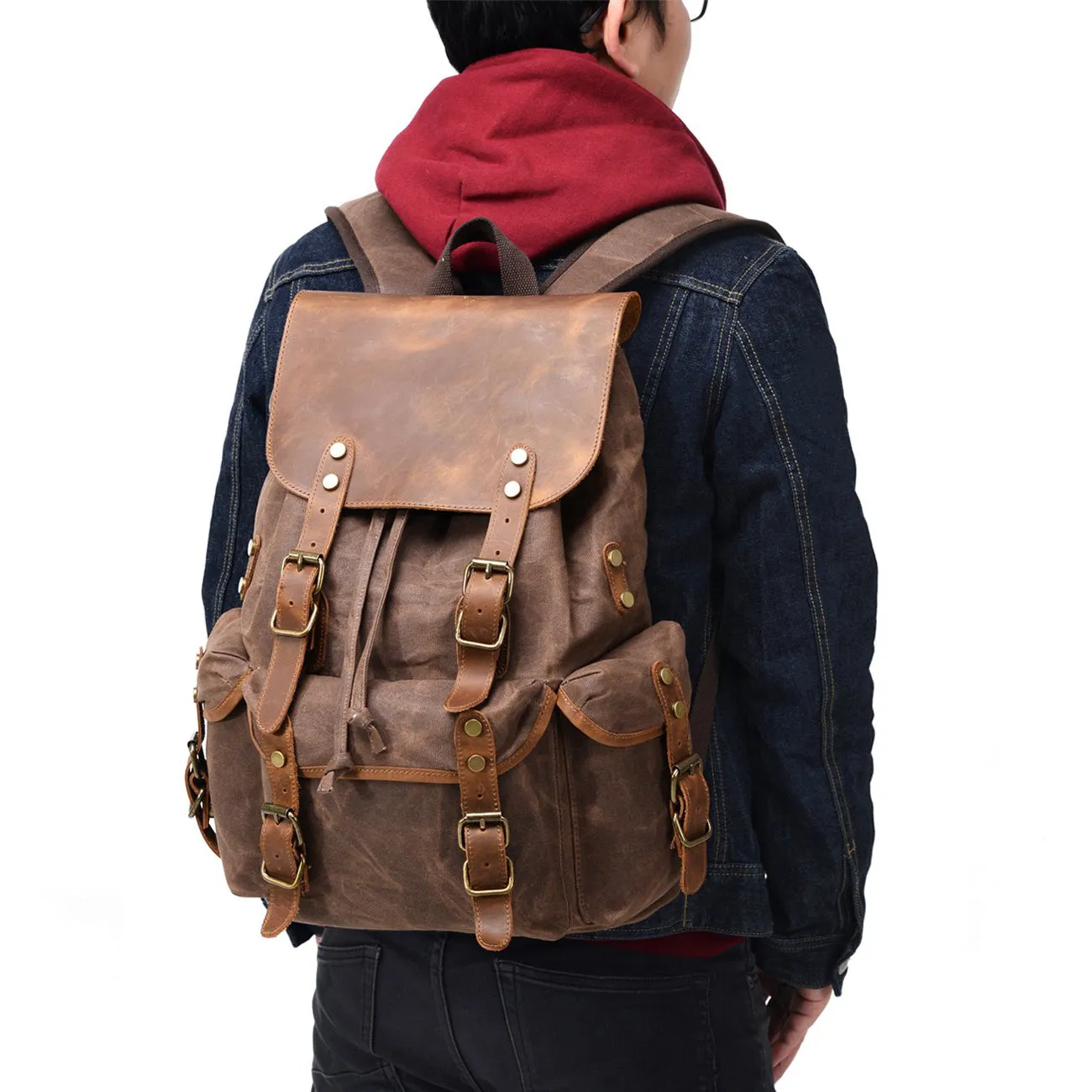 Waxed Canvas Leather Rucksack Bag